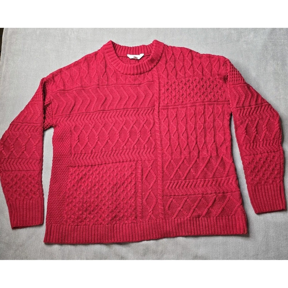Time and Tru Patchwork Cable Knit Sweater Womens XXL 20 Red Good Cozy‎ Fisherman